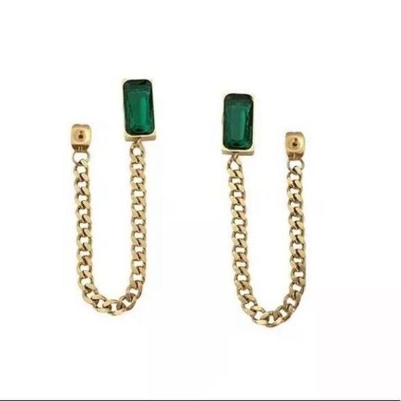 The Champion Square Emerald Crystal Gold Chain Dangle drop Earrings - Picture 7 of 11
